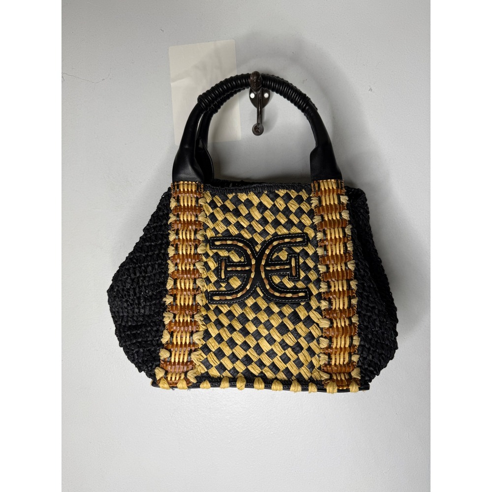 Sam Edelman Woven Straw Tote Bag Black Tan Brown Logo Handbag Summer Boho